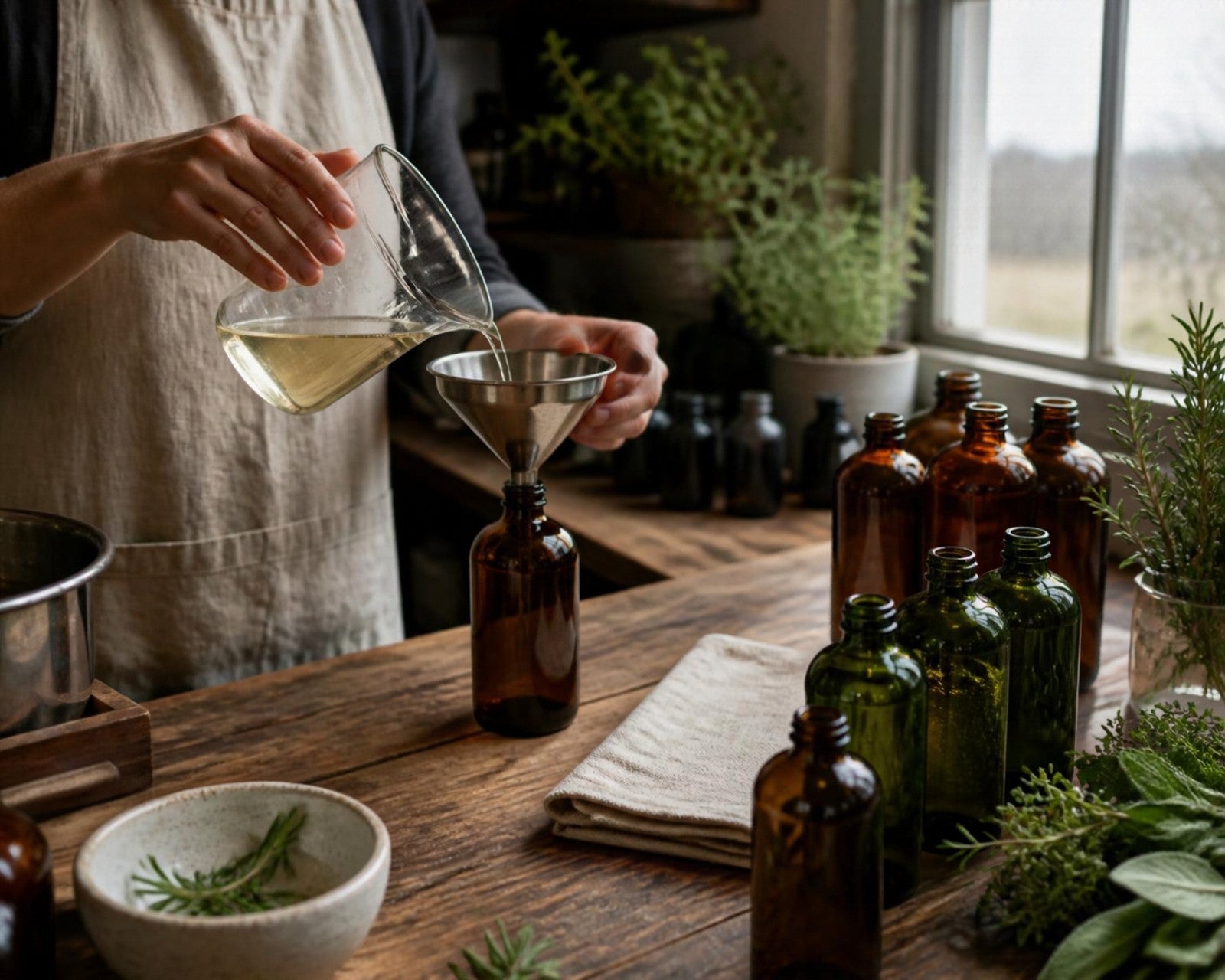 Shower gel being hand-filled into glass bottles on a workshop bench in the UK