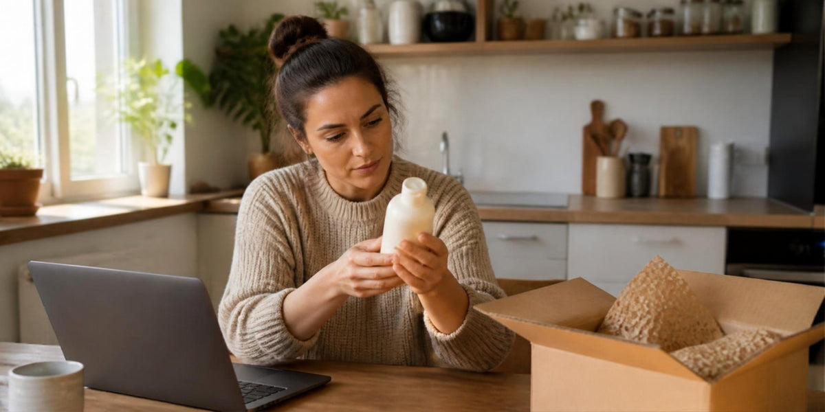 Woman reading the ingredient label on a shower gel bottle beside her laptop and delivery box