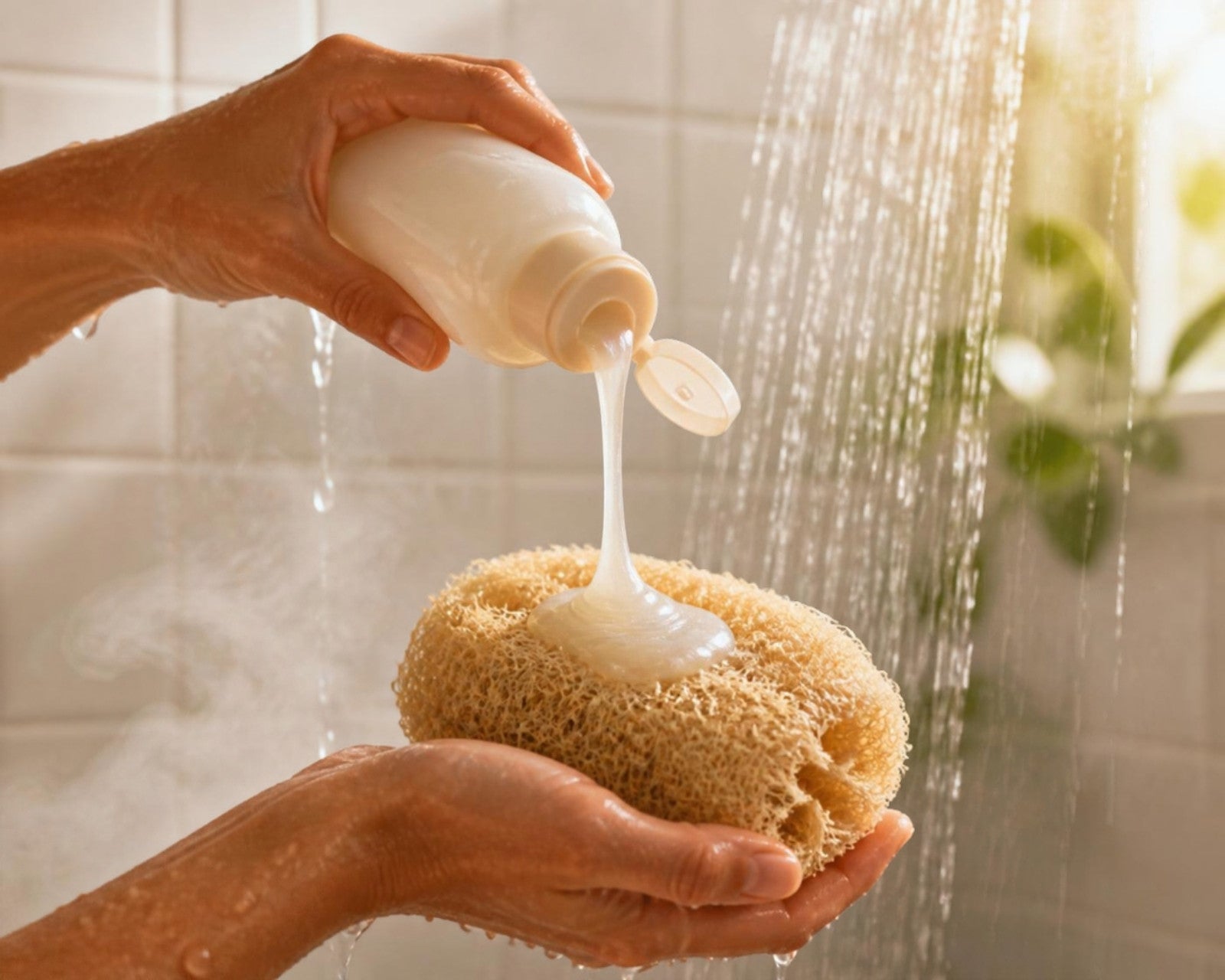 Body wash being squeezed onto a natural loofah under a running shower