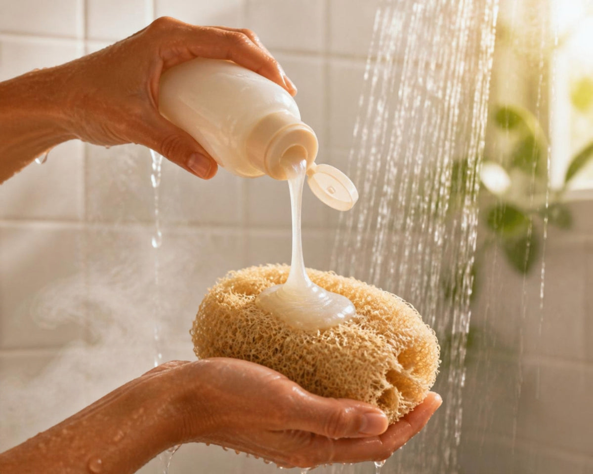 Body wash being squeezed onto a natural loofah under a running shower
