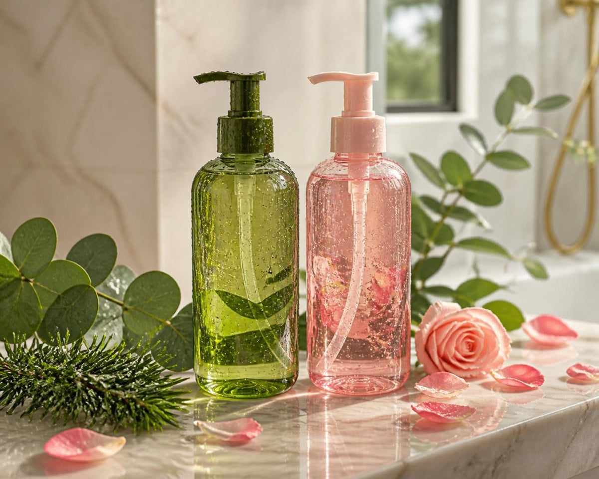 Tea tree and rose shower gel bottles on a marble bathroom shelf with eucalyptus and rose petals