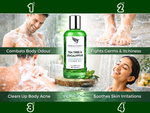 Green bottle of Moksha Health Tea Tree & Eucalyptus shower gel with benefits listed below.