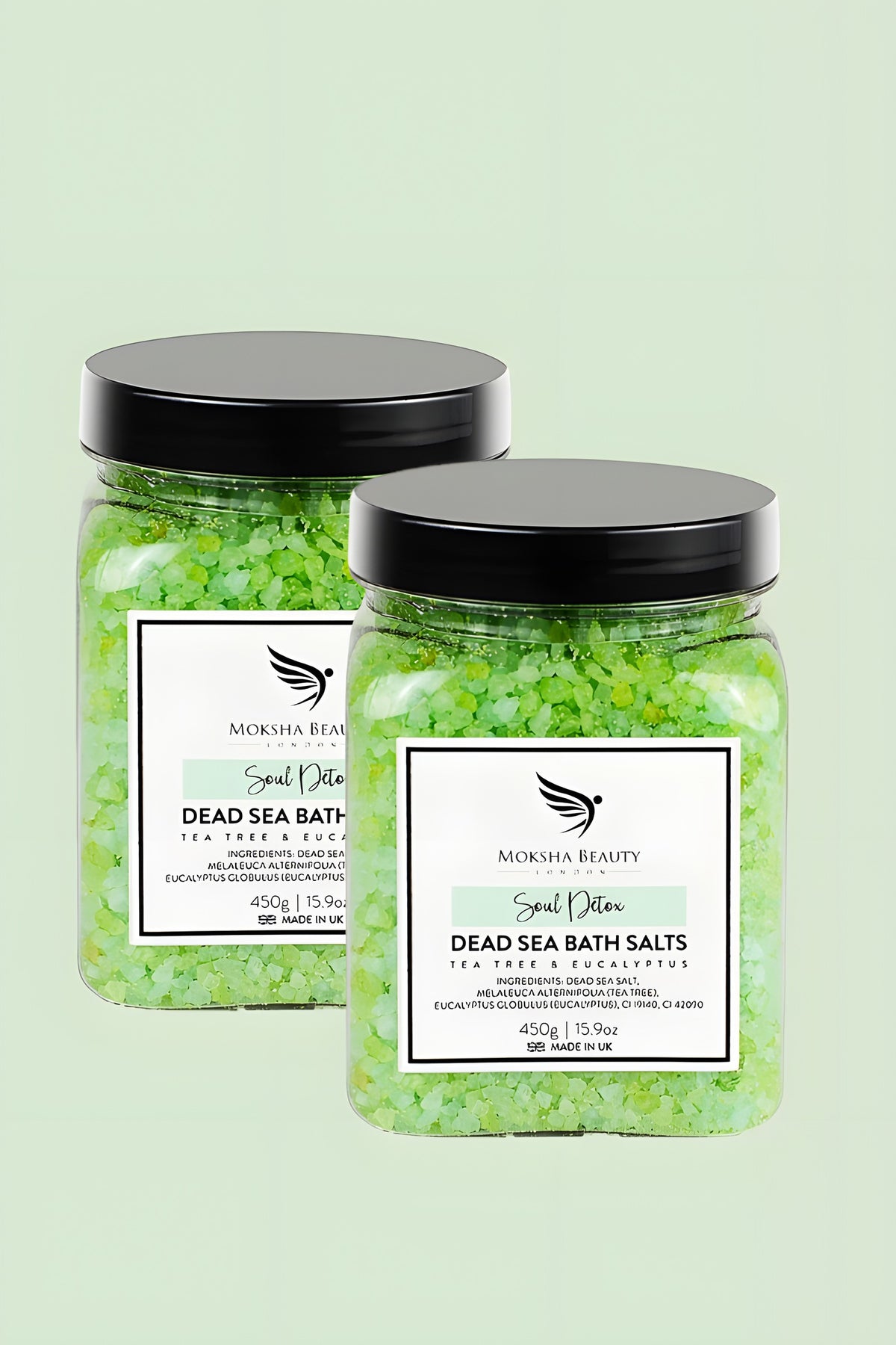 Two jars of Moksha Soul Detox tea tree and eucalyptus Dead Sea bath salts, 450g each