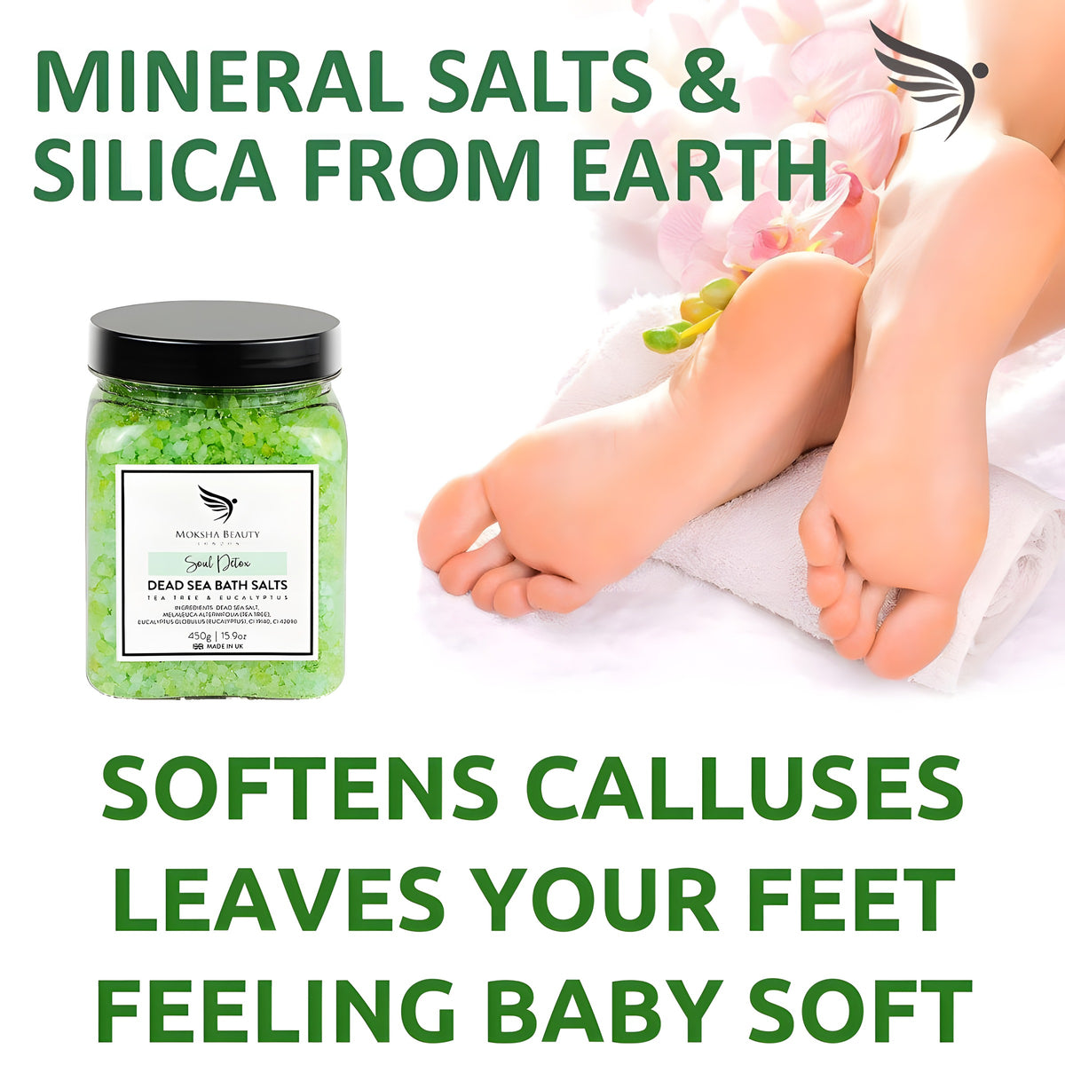 Tea tree Dead Sea foot soak salts soften calluses and leave feet feeling soft