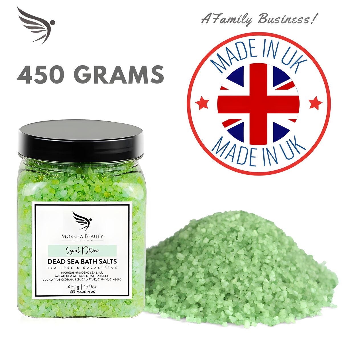 Moksha tea tree Dead Sea foot soak bath salts 450g jar, made in the UK by a family business