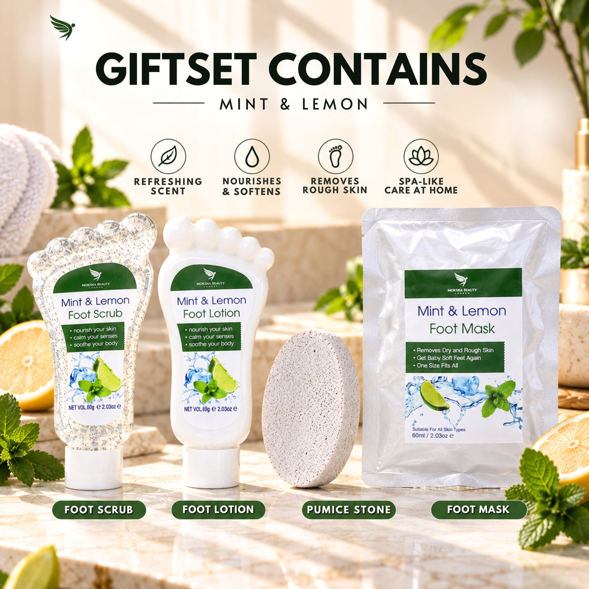 What the foot spa gift set contains: foot scrub, foot lotion, pumice stone, foot mask