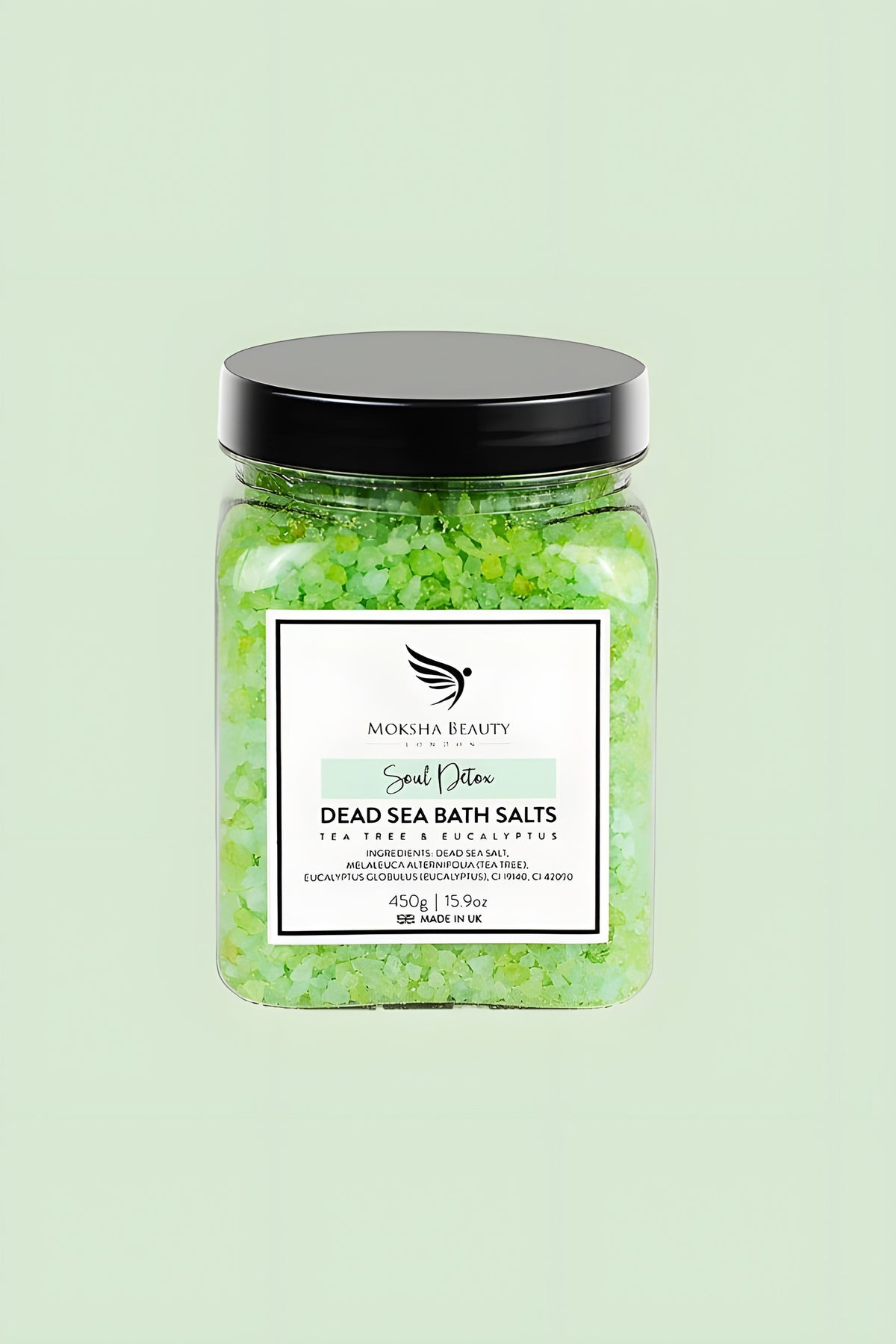 Moksha Soul Detox tea tree and eucalyptus Dead Sea bath salts, 450g jar