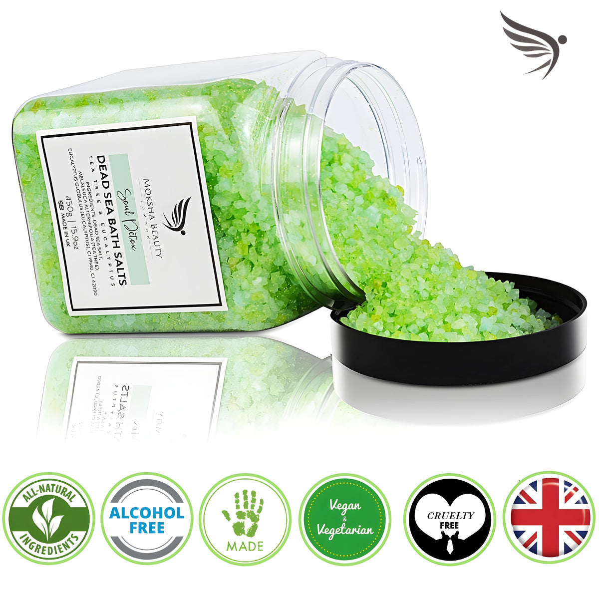 Open jar of tea tree Dead Sea bath salts: natural, alcohol-free, vegan, cruelty-free, made in the UK