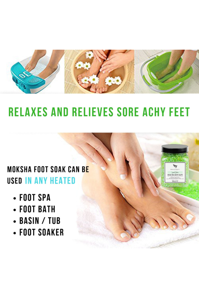 Moksha foot soak with text on relaxing sore achy feet and usage instructions.