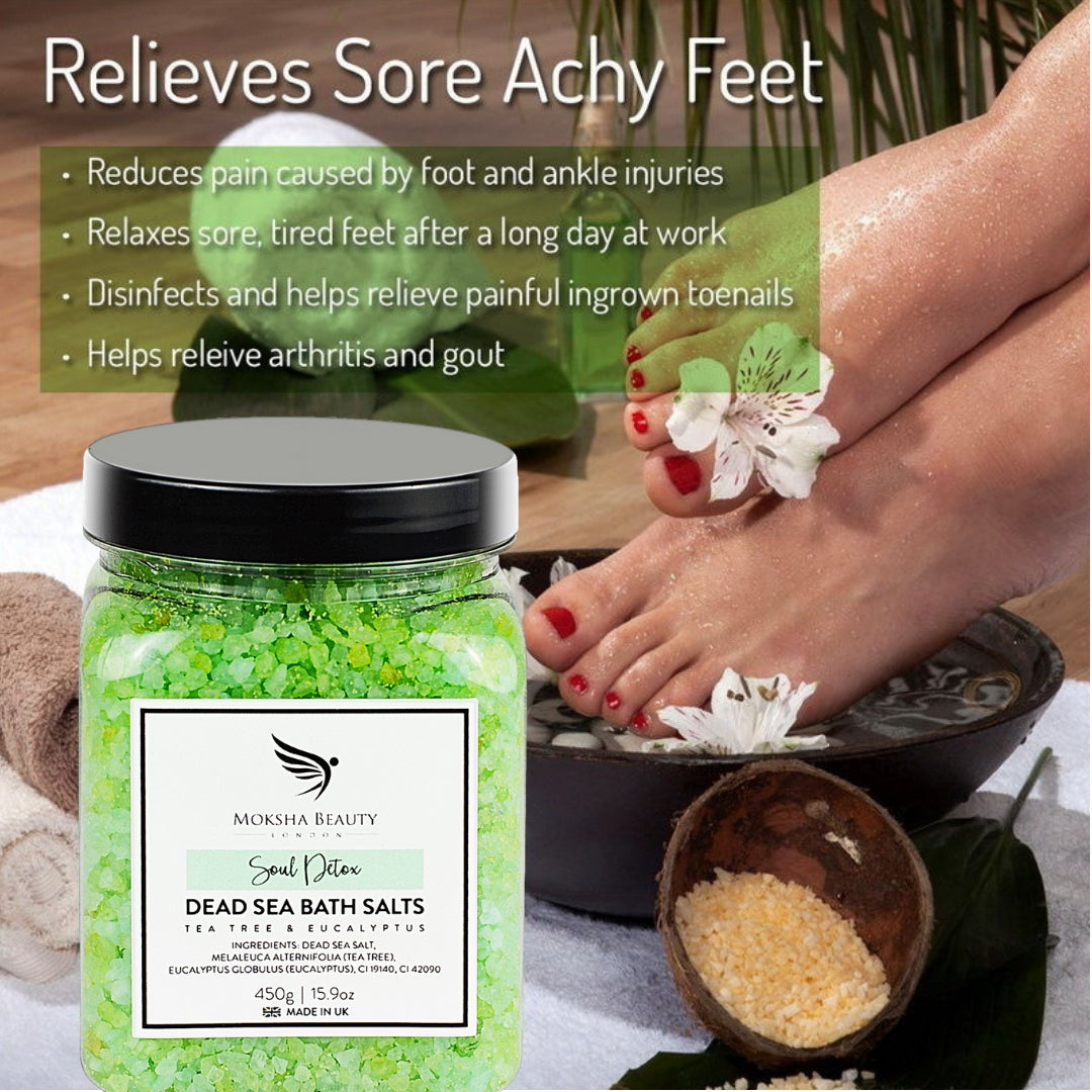 Moksha Beauty Dead Sea Bath Salts with a jar and a foot bath setup, featuring text on benefits.
