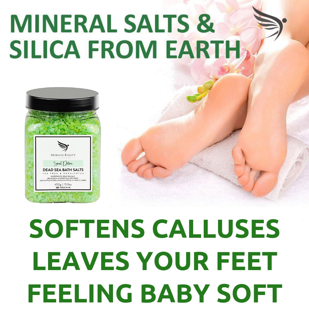 Jar of mineral salts with text about its benefits for feet