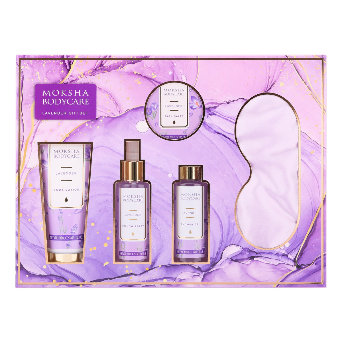 Moksha lavender gift set box: body lotion, pillow spray, shower gel, bath salts and satin eye mask