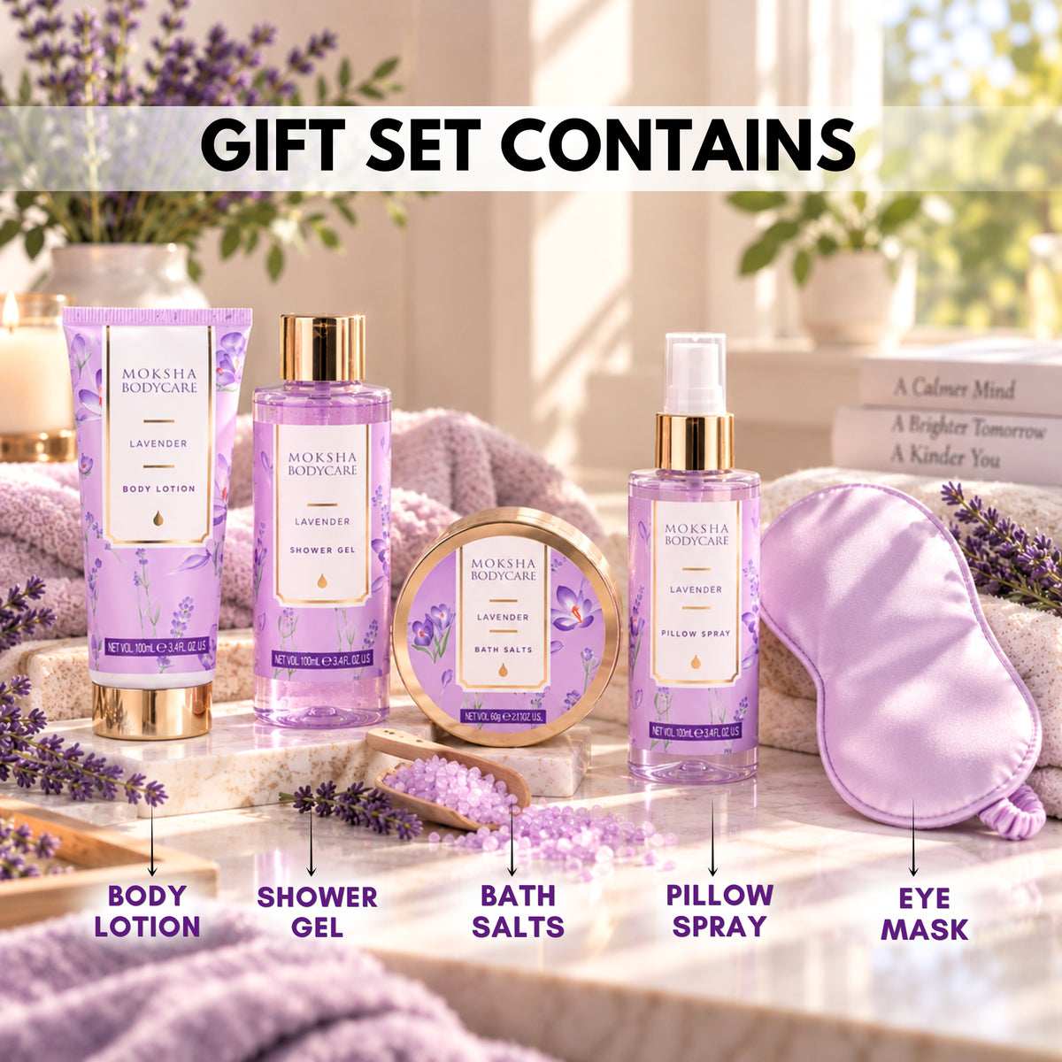 What the lavender gift set contains: body lotion, shower gel, bath salts, pillow spray, eye mask