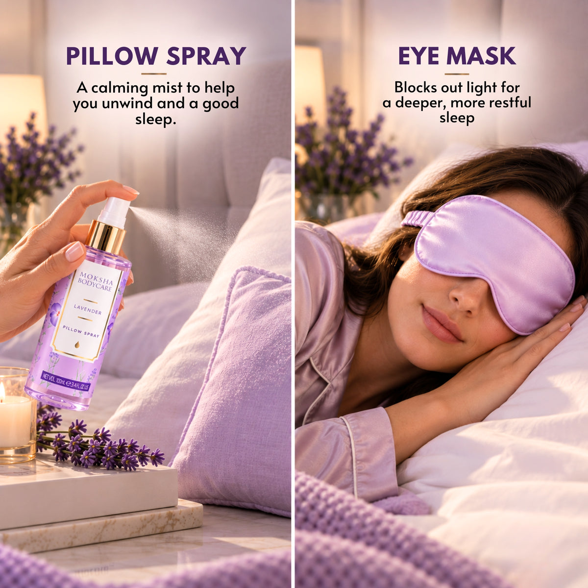 Lavender pillow spray and satin eye mask from the Moksha lavender gift set