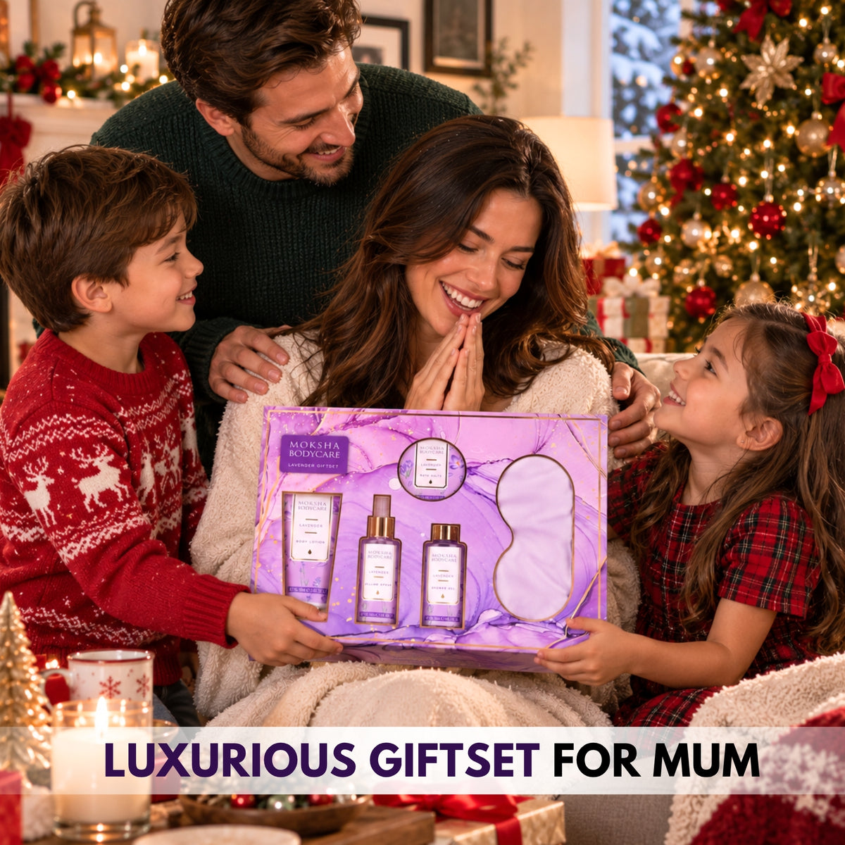 Family at Christmas giving mum the Moksha lavender gift set
