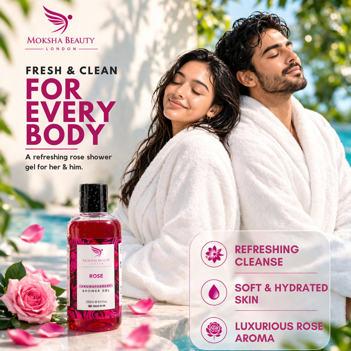Couple in bathrobes with Moksha British Rose shower gel: fresh and clean for every body