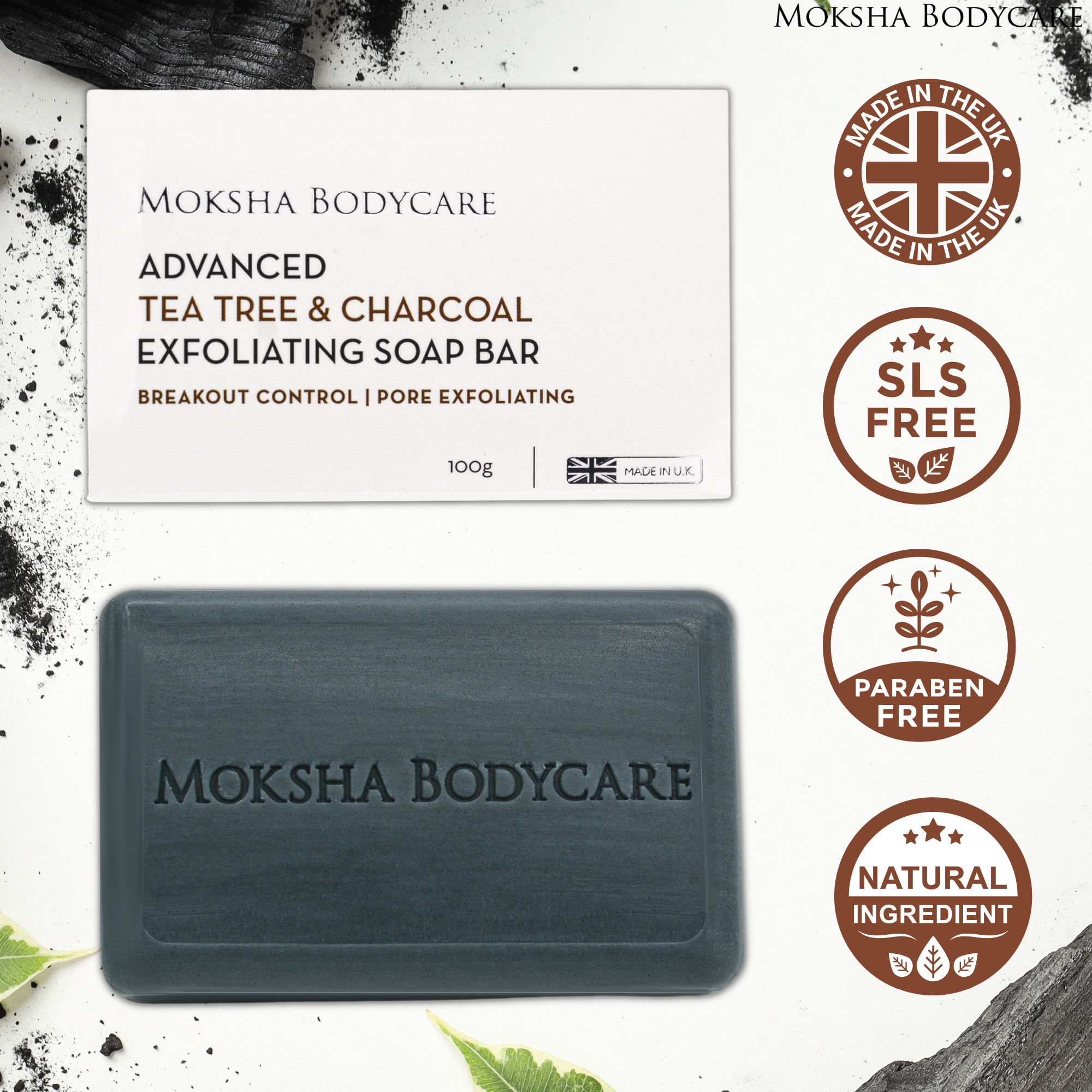 Moksha Bodycare tea tree & charcoal exfoliating soap bar