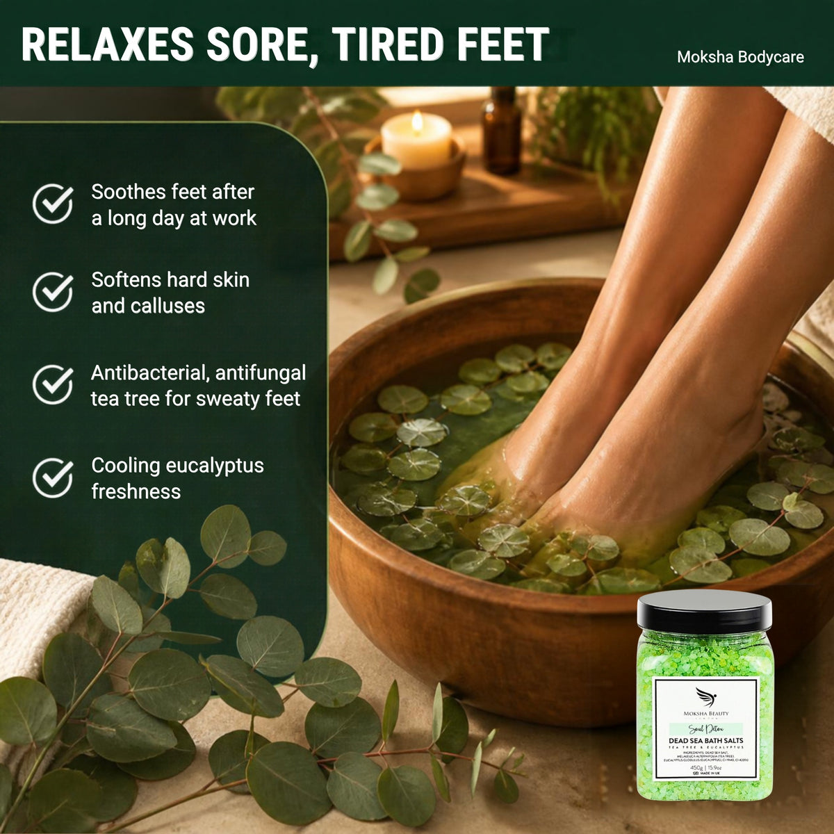 Tea tree foot soak relaxes sore, tired feet: soothes after a long day, softens hard skin, antibacterial antifungal tea tree, cooling eucalyptus