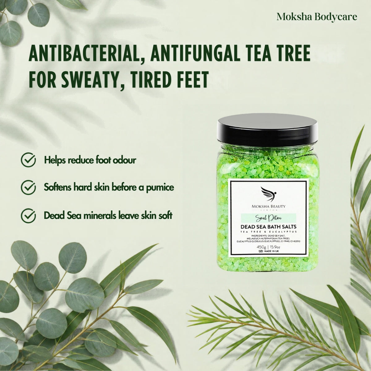 Antibacterial, antifungal tea tree Dead Sea foot soak for sweaty, tired feet: reduces foot odour, softens hard skin