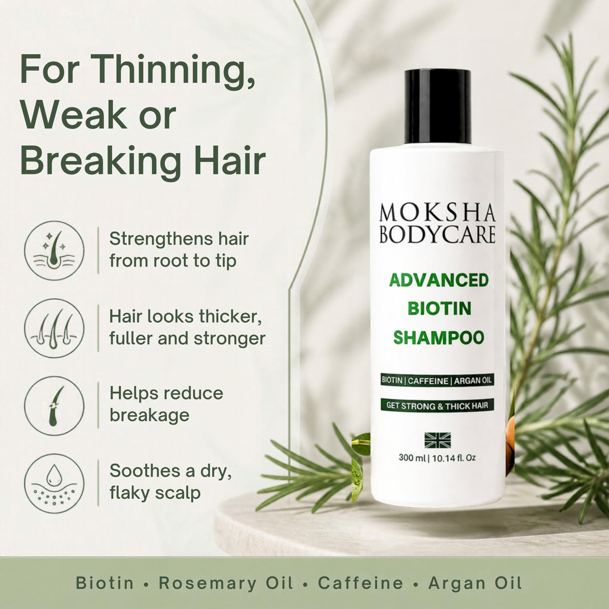 Moksha biotin shampoo and conditioner for thinning, weak or breaking hair: strengthens root to tip, thicker-looking, less breakage, soothes scalp