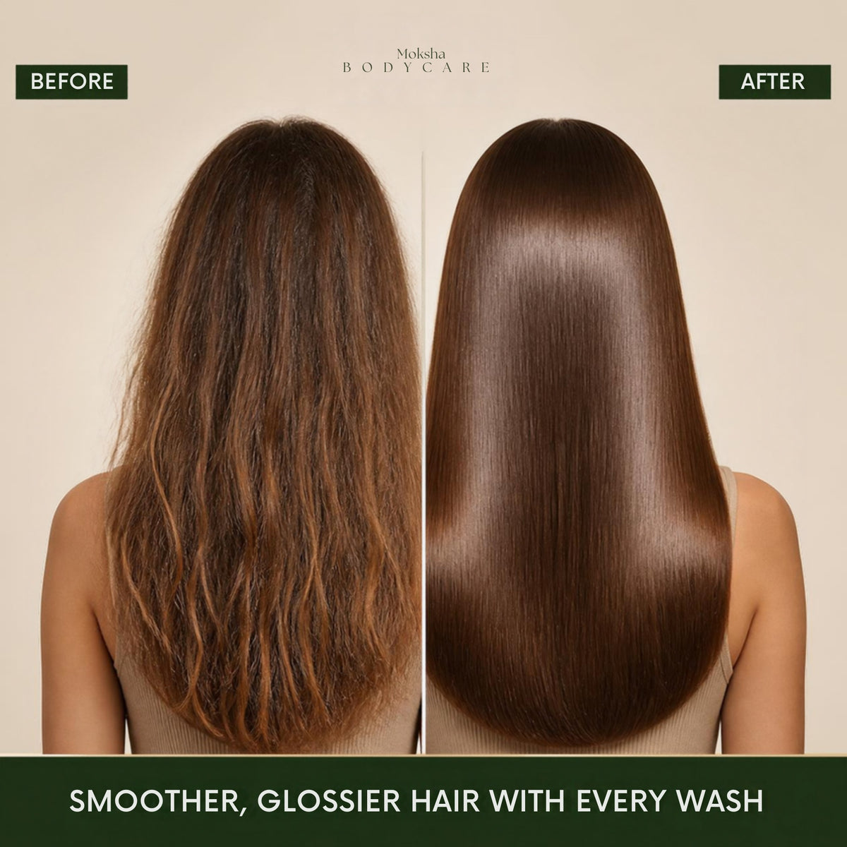 Before and after using the caffeine shampoo and conditioner set: smoother, glossier hair