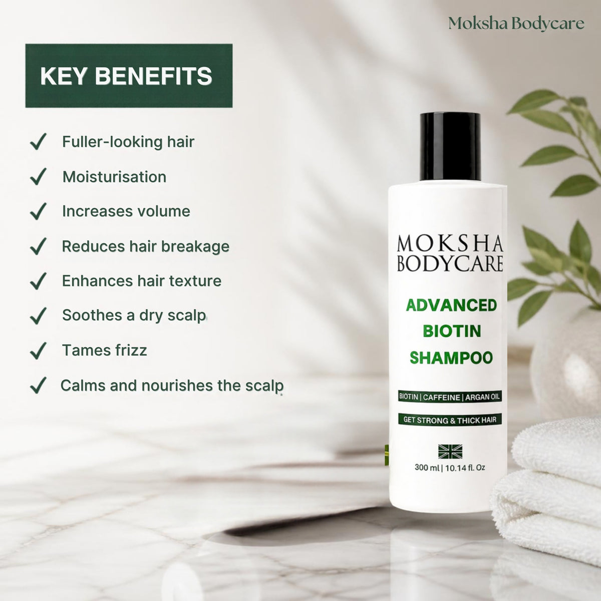 Key benefits of the biotin set: fuller-looking hair, moisturisation, volume, less breakage, texture, soothed scalp, tamed frizz