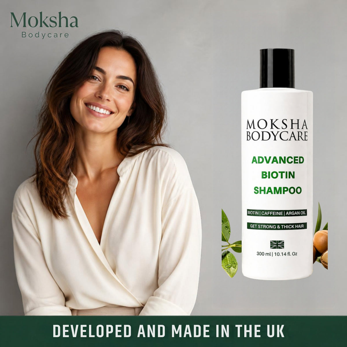Woman with Moksha Advanced Biotin Shampoo, developed and made in the UK