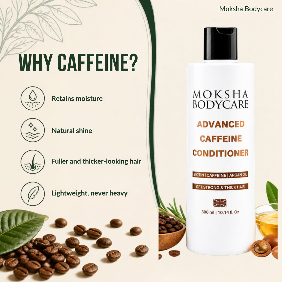 Why caffeine: retains moisture, natural shine, fuller and thicker-looking hair, lightweight