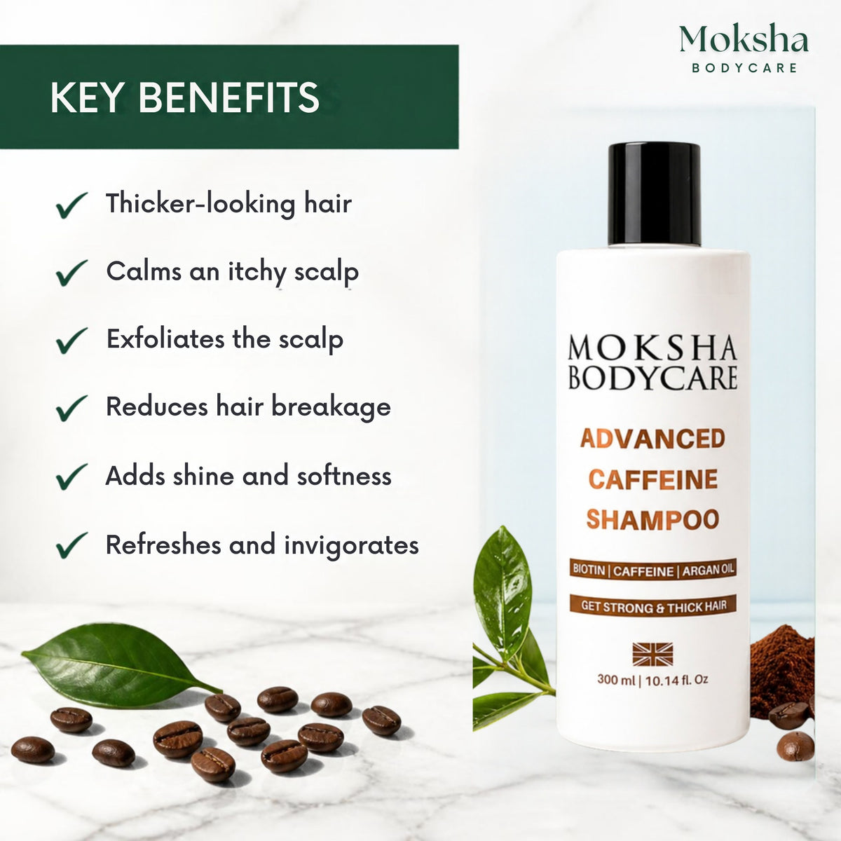 Key benefits of the caffeine set: thicker-looking hair, calms an itchy scalp, exfoliates, less breakage, shine