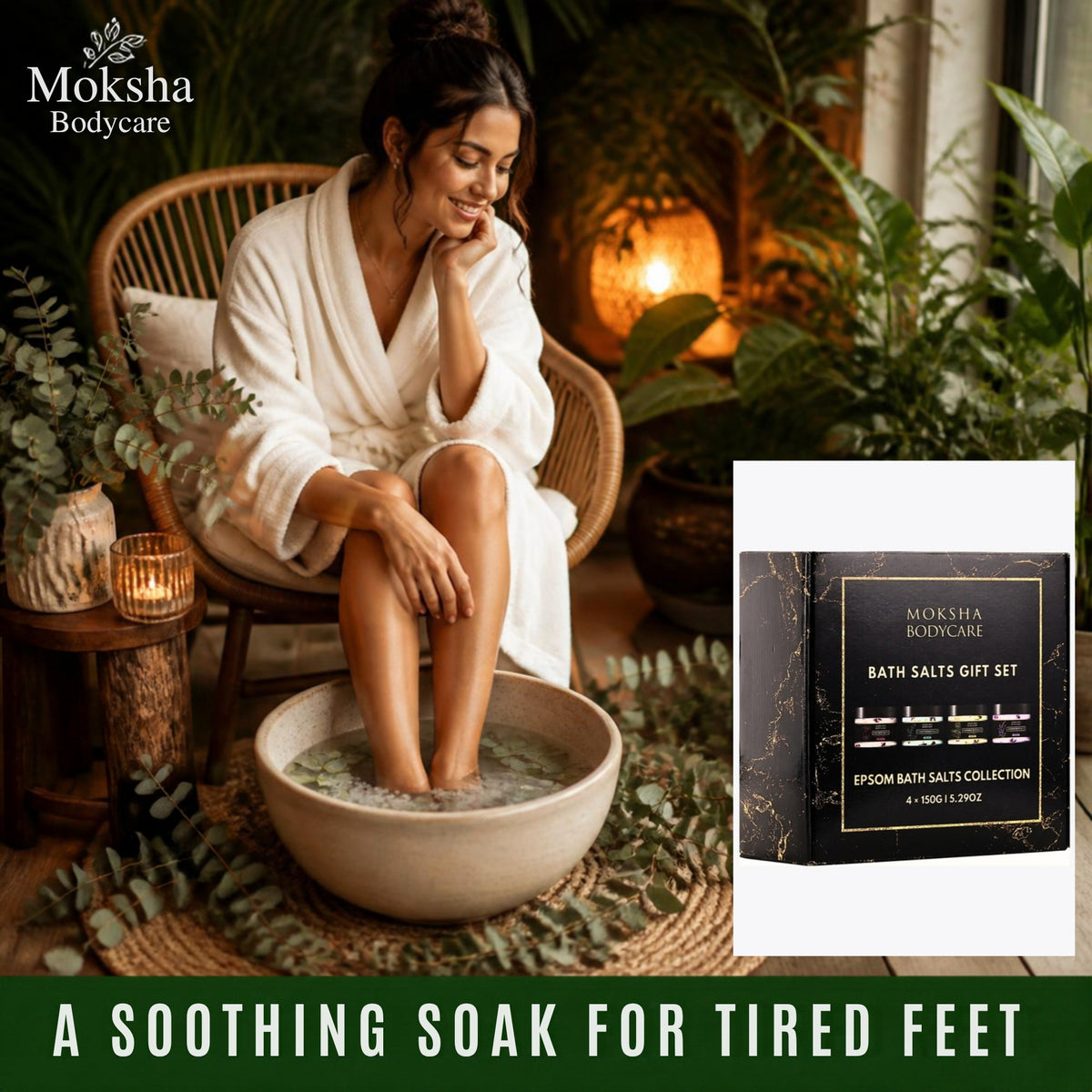 Woman soaking her feet with the Moksha Epsom bath salts gift set: a soothing soak for tired feet