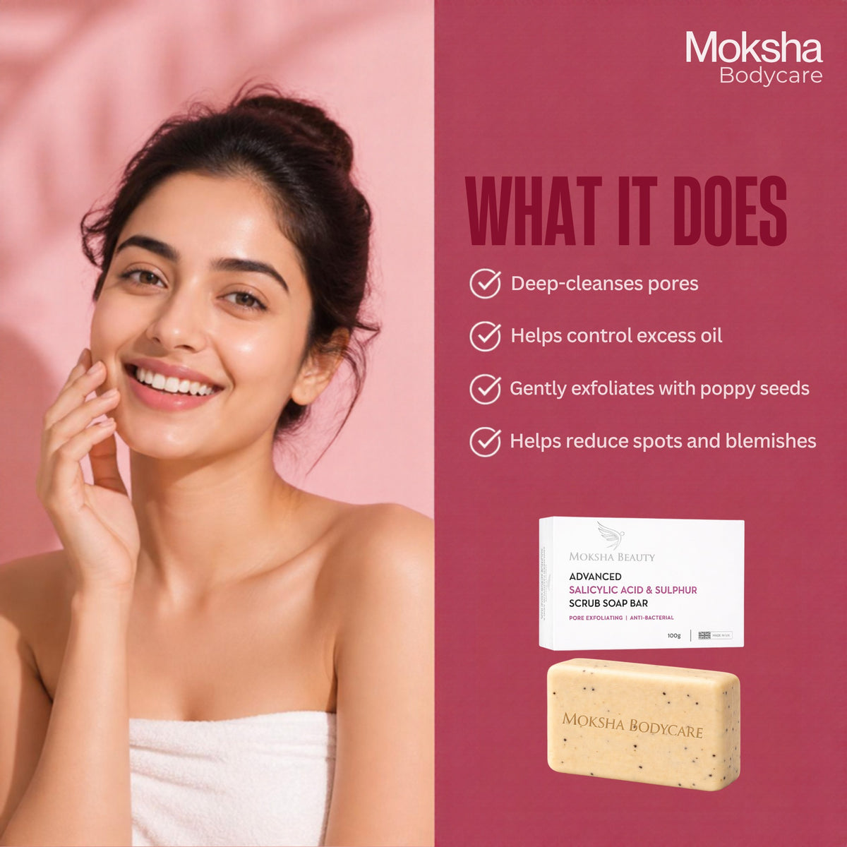 What salicylic acid and sulphur soap does: deep-cleanses pores, controls oil, exfoliates with poppy seeds, helps reduce spots