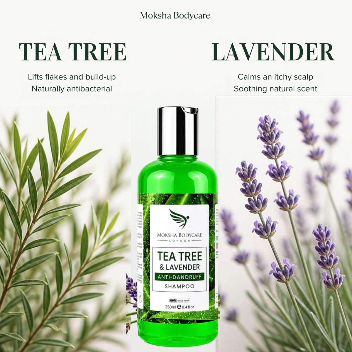 Tea tree lifts flakes and build-up and is naturally antibacterial; lavender calms an itchy scalp